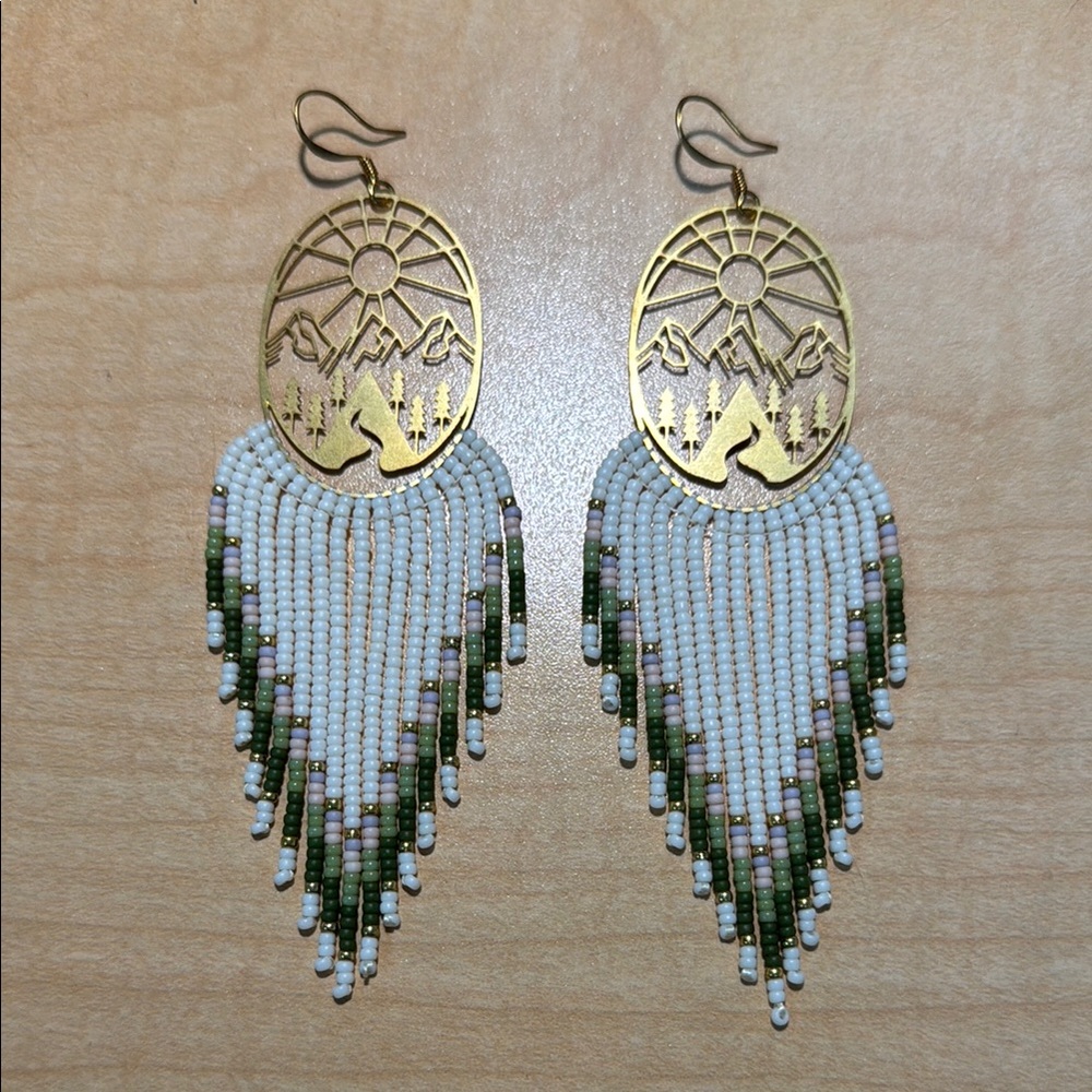 Handmade Gold and Green Beaded Earrings